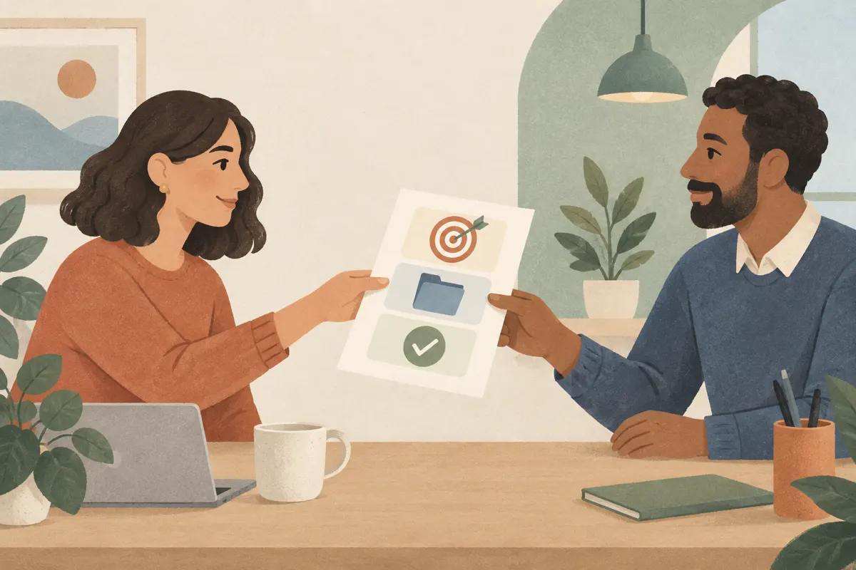 Ilustracja współpracowników przekazujących sobie instrukcję zadania przy biurku