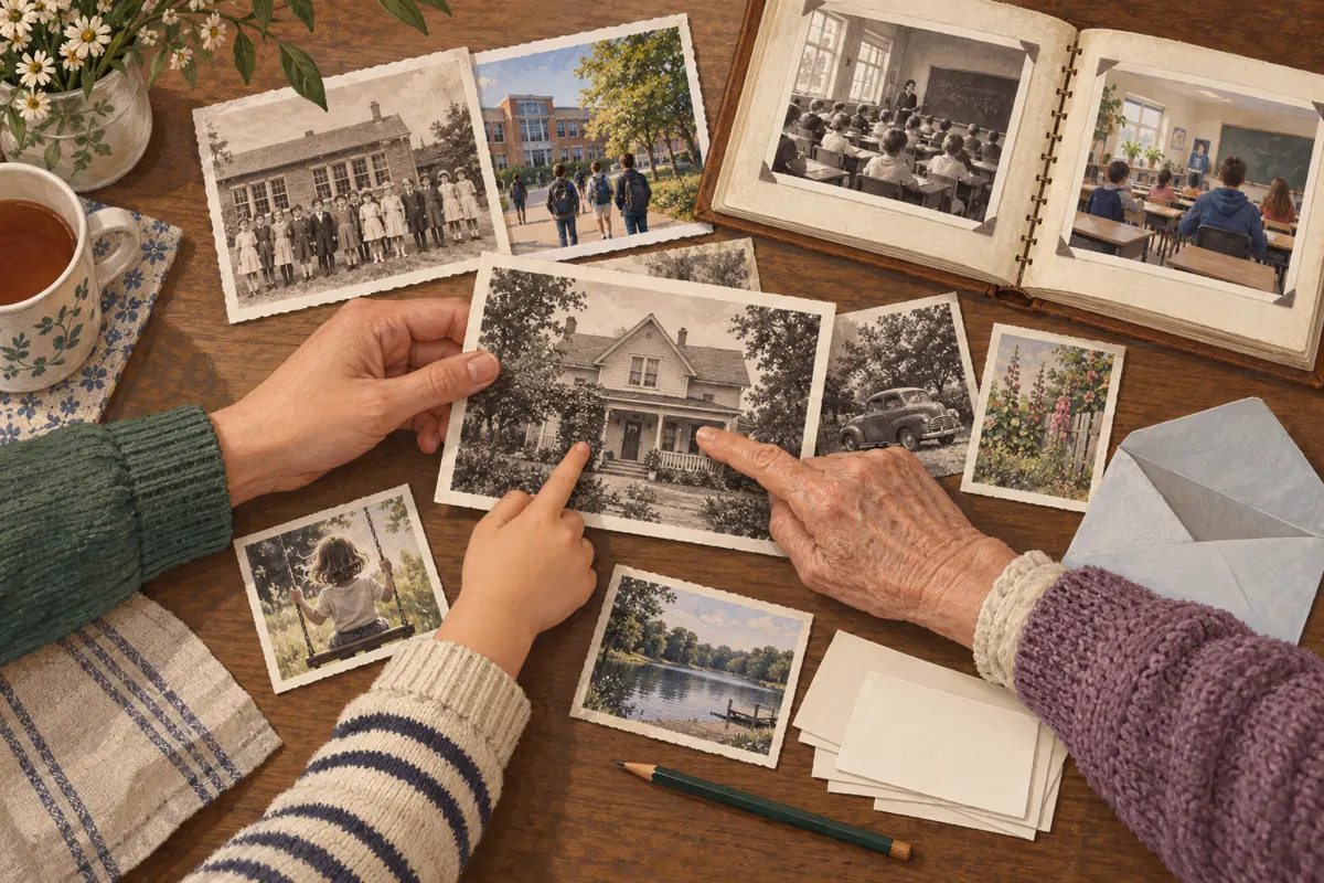 Ilustracja wspólnego opisywania rodzinnych fotografii przez trzy pokolenia przy stole.